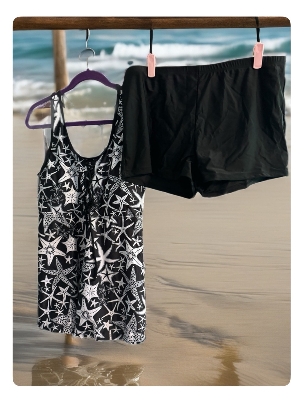 Black & White Starfish Tankini Top with Black Swim Shorts - Women Swim Bikini